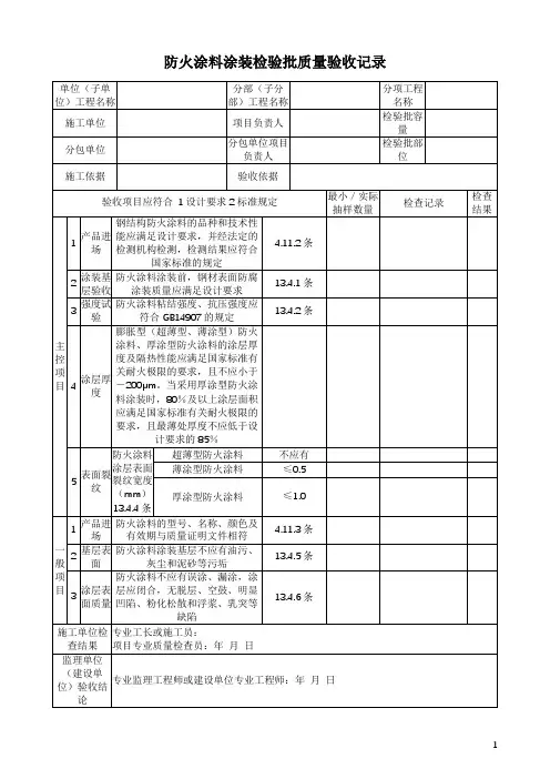 钢结构防火涂料涂装检验批质量验收记录表