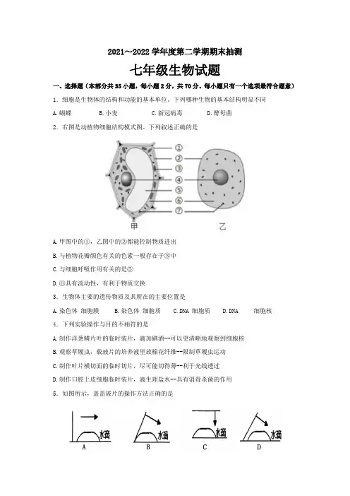 江苏省徐州市2021-2022学年七年级下学期期末考试生物试卷(word版含答案)