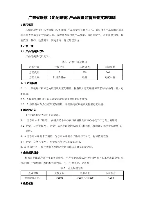 广东省眼镜定配眼镜产品质量监督抽查实施细则