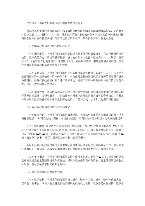 汉中市关于加强农村集体经济组织管理的指导意见