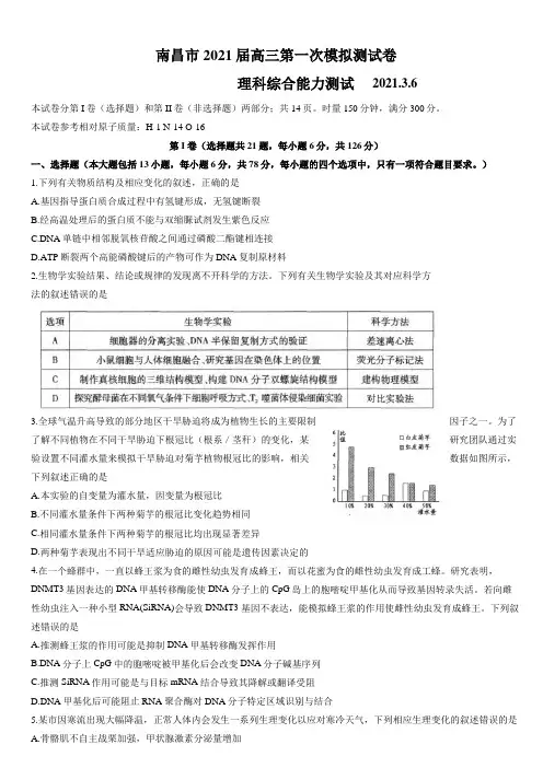 江西省南昌市2021届高三第一次模拟考试理科综合试题及答案 word