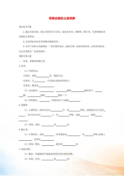 七年级生物上册 2.2.2脊椎动物的主要类群学案(新版)济南版
