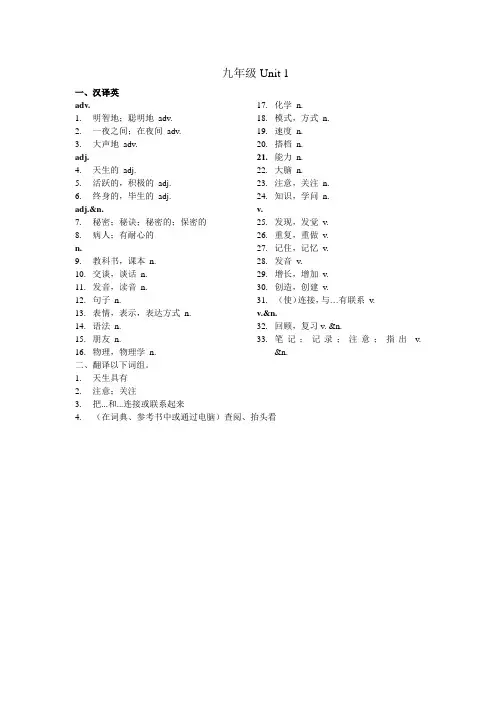 九年级 Unit1  单词默写单