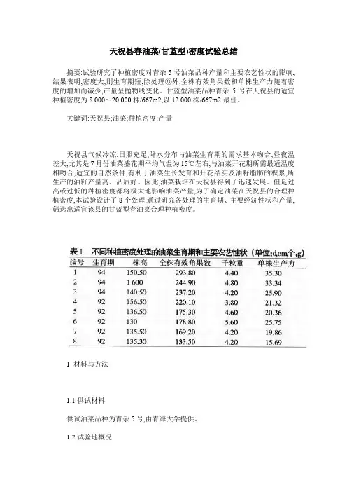 天祝县春油菜(甘蓝型)密度试验总结