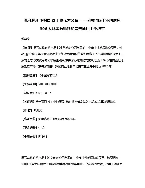 孔孔见矿小项目 锦上添花大文章——湖南省核工业地质局306大队黑石砣铁矿普查项目工作纪实