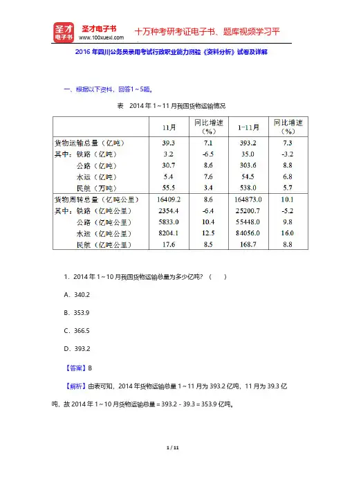 2016年四川公务员录用考试行政职业能力测验《资料分析》试卷及详解【圣才出品】