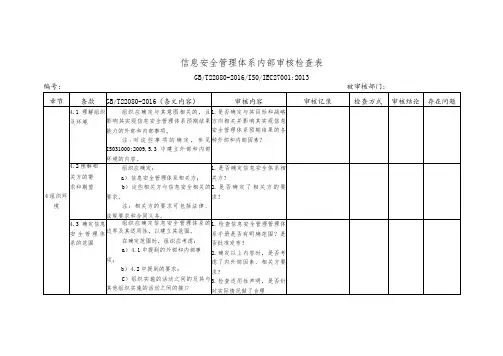 ISO27001：2013信息安全管理体系内部审核检查表