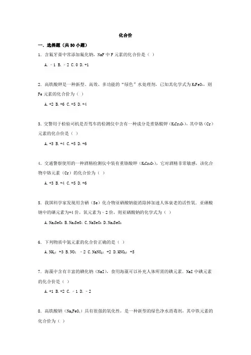 中考化学专项训练化合价(word版含解析)
