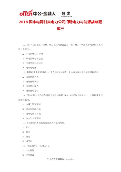 2018国家电网甘肃电力公司招聘电力与能源战略题库三