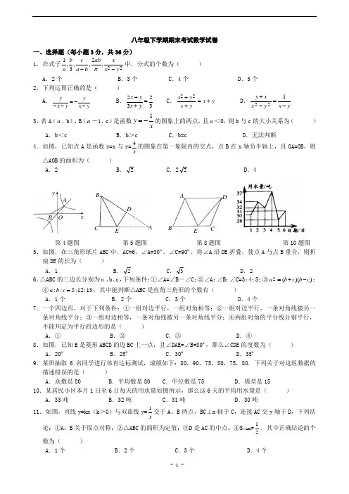 八年级下学期期末考试数学试卷(人教版)(含答案)(超经典)