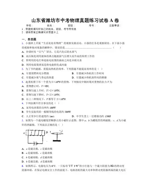 最新山东省潍坊市中考物理真题练习试卷A卷及解析