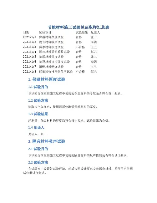 节能材料施工试验见证取样汇总表
