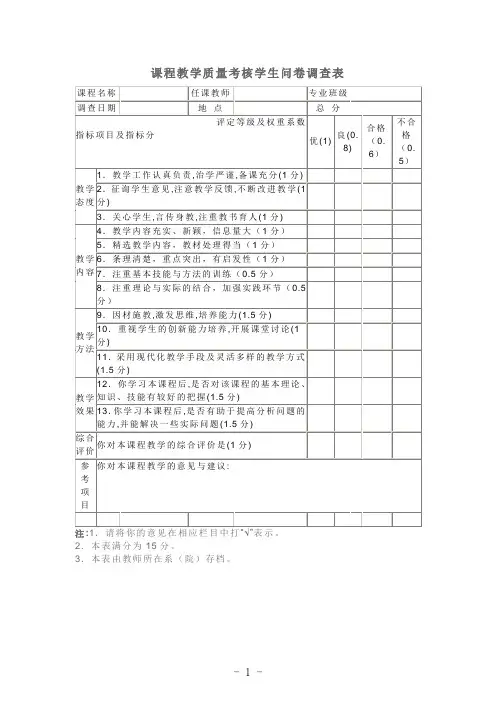 课程教学质量考核学生问卷调查表
