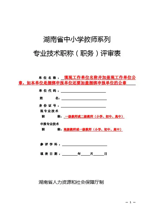 邵阳市中小学教师副高级评审表填写样本