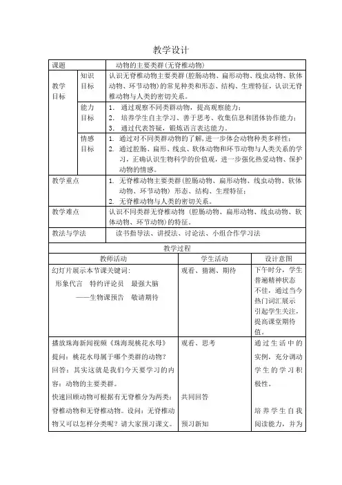 北师大版八年级下册生物 7.22.4动物的主要类群(无脊椎动物)  教案设计
