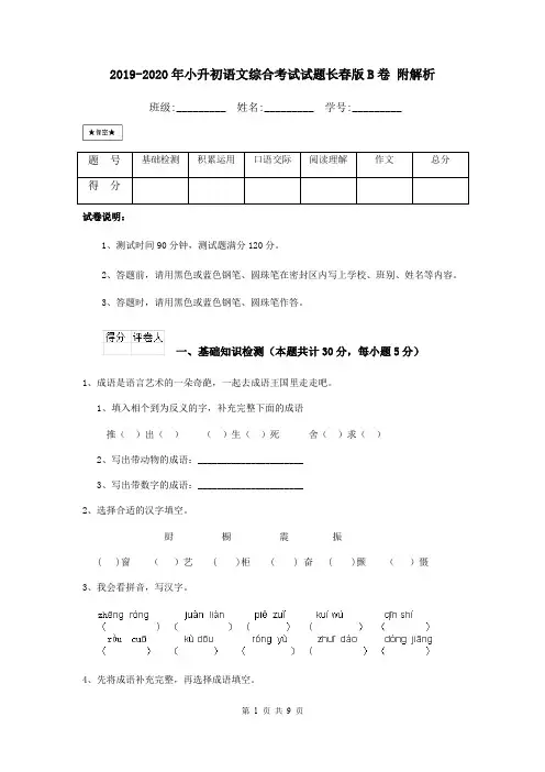 2019-2020年小升初语文综合考试试题长春版B卷 附解析