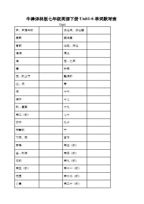 牛津译林版七年级英语下册Unit1-6单词默写表