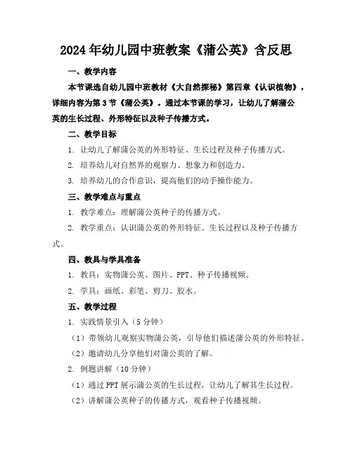 2024年幼儿园中班教案《蒲公英》含反思