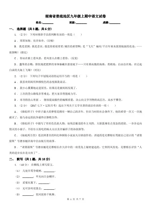 湖南省娄底地区九年级上期中语文试卷