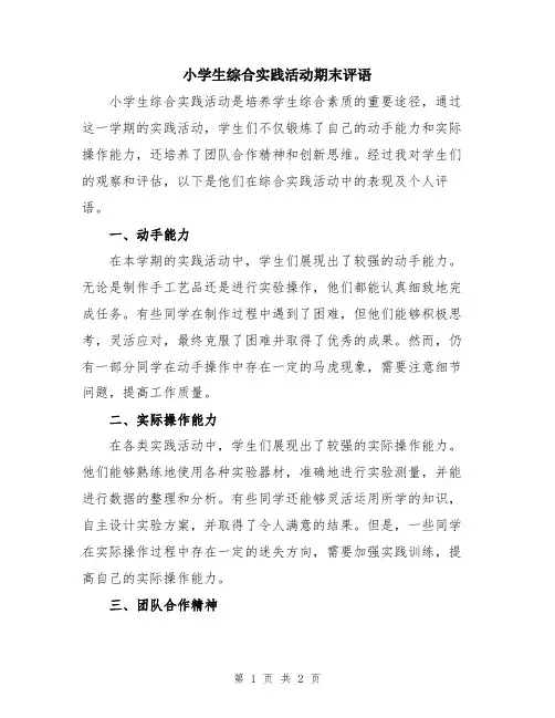 小学生综合实践活动期末评语