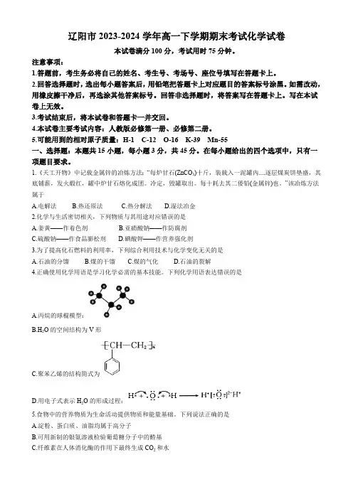 辽宁省辽阳市2023-2024学年高一下学期期末考试化学试卷(含答案)