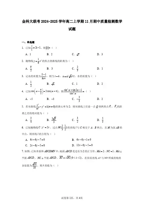 金科大联考2024-2025学年高二上学期11月期中质量检测数学试题