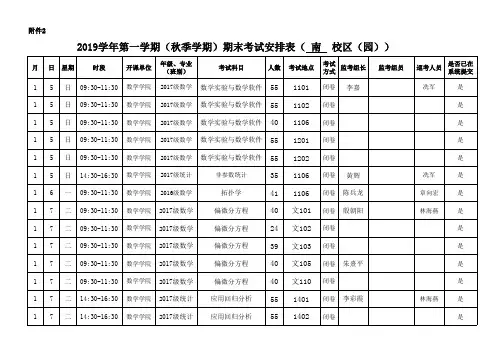 2019学年第一学期(秋季学期)期末考试安排表(数学)