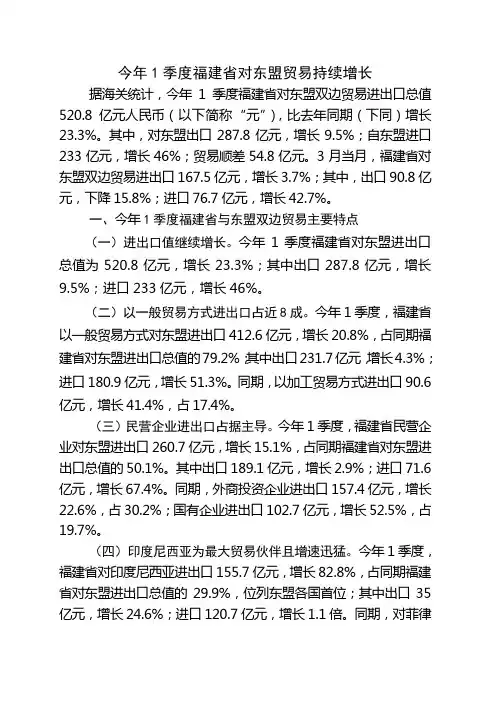 今年1季度福建对东盟贸易持续增长