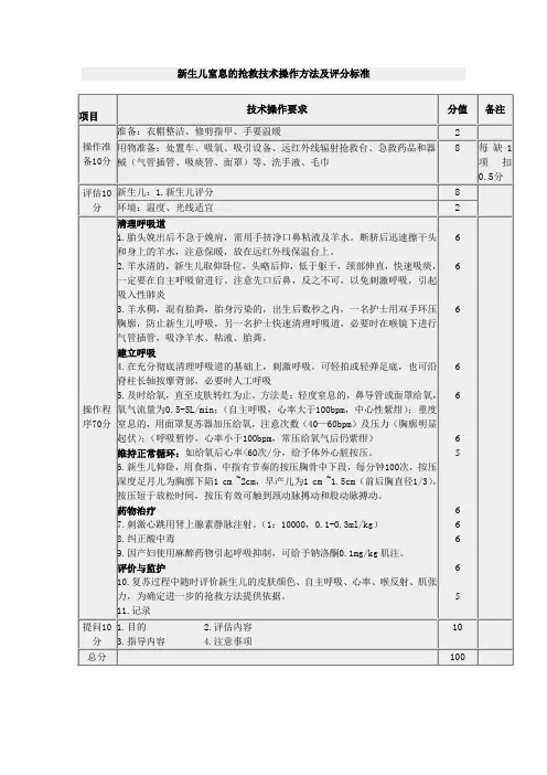 新生儿窒息的抢救技术操作方法及评分标准