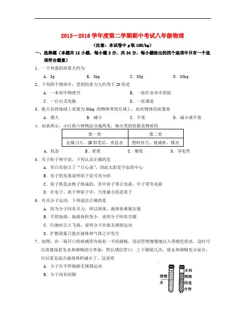 八年级物理下学期期中测试题苏科版