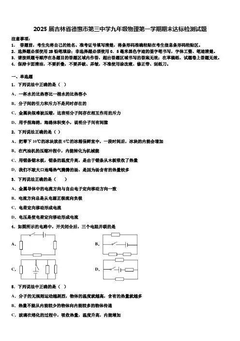 2025届吉林省德惠市第三中学九年级物理第一学期期末达标检测试题含解析