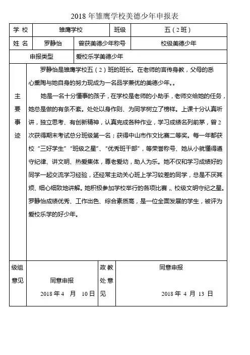 五(2)2018年雏鹰学校美德少年申报表