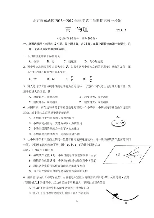 北京市东城区2018-2019学年度第二学期高一物理期末试题及答案
