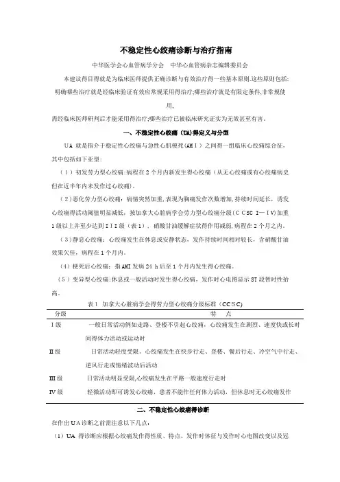 不稳定性心绞痛诊断和治疗指南