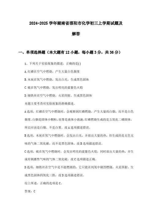 2024-2025学年湖南省邵阳市化学初三上学期试题及解答