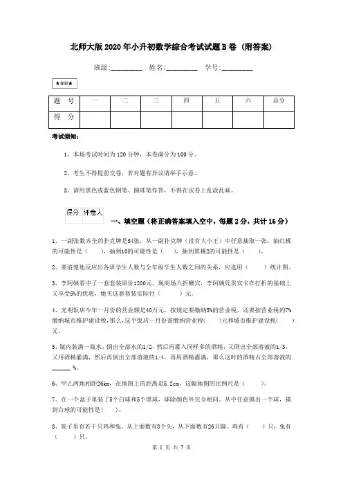 北师大版2020年小升初数学综合考试试题B卷 (附答案)