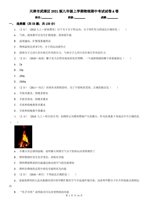天津市武清区2021版九年级上学期物理期中考试试卷A卷