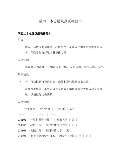 陕西二本志愿填报表格范本