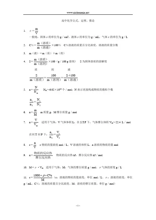 高中化学公式、定理、推论