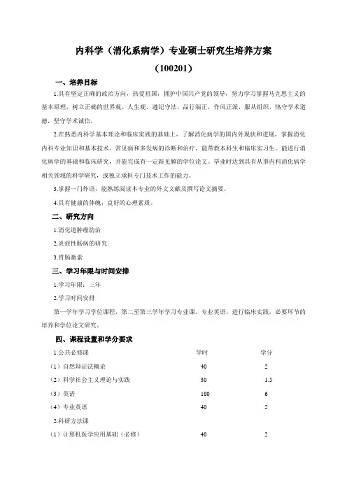 内科学 消化系病学 专业硕士研究生培养方案 100201 d.