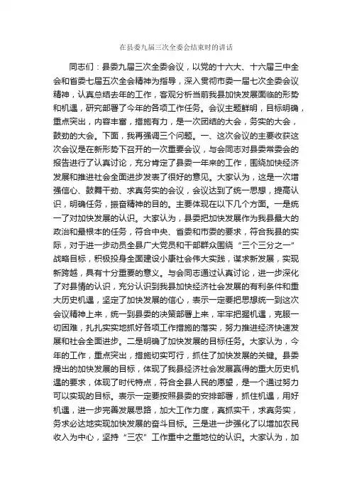 在县委九届三次全委会结束时的讲话_党建党委_