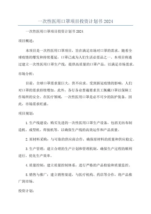 一次性医用口罩项目投资计划书2024