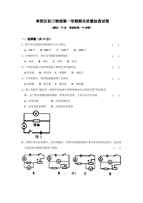 奉贤区2010物理一模及答案