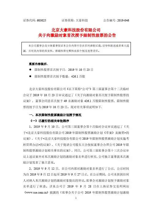 大豪科技：关于向激励对象首次授予限制性股票的公告