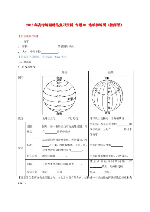 高考地理精品复习资料 专题01 地球和地图(教师版)