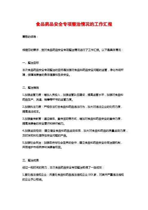 食品药品安全专项整治情况的工作汇报