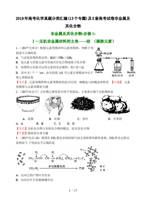 2019年高考化学真题分类汇编(13个专题)及5套高考试卷非金属及其化合物