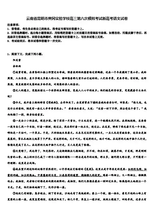 云南省昆明市黄冈实验学校高三第六次模拟考试新高考语文试卷及答案解析