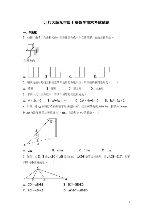 北师大版九年级上册数学期末考试试卷附答案