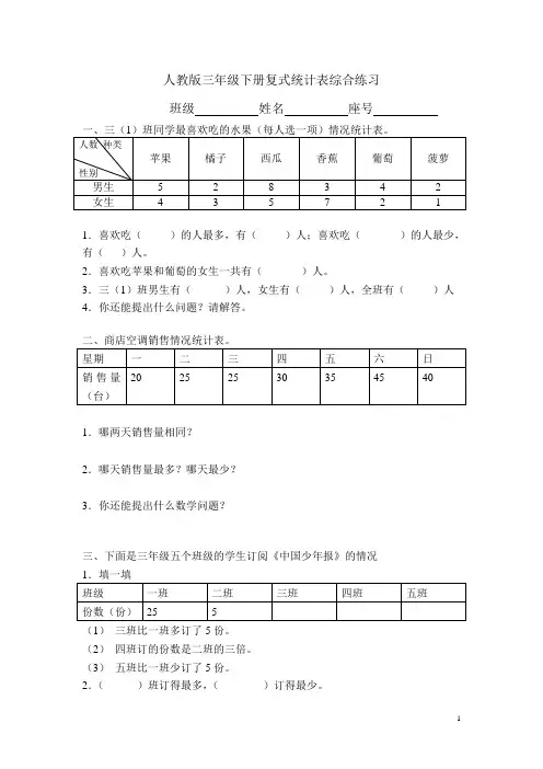 人教版三年级下册复式统计表综合练习